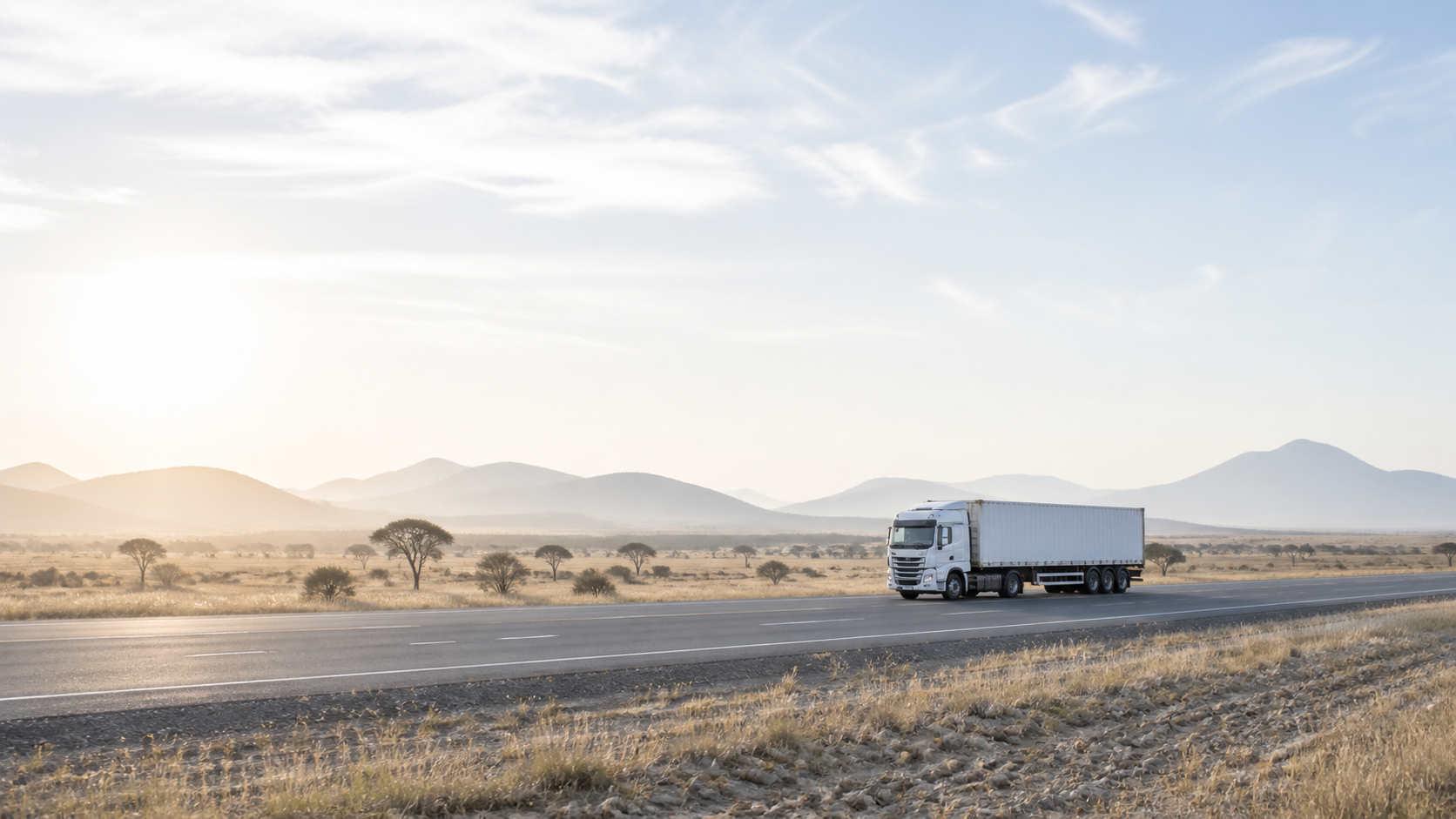 A freight truck travelling through the East African landscape.