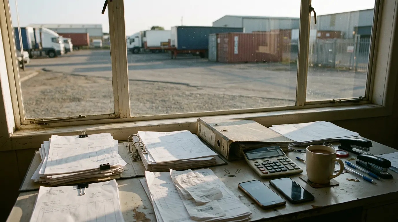 A transport office desk with delivery notes, receipts and phones, trucks waiting in the yard outside