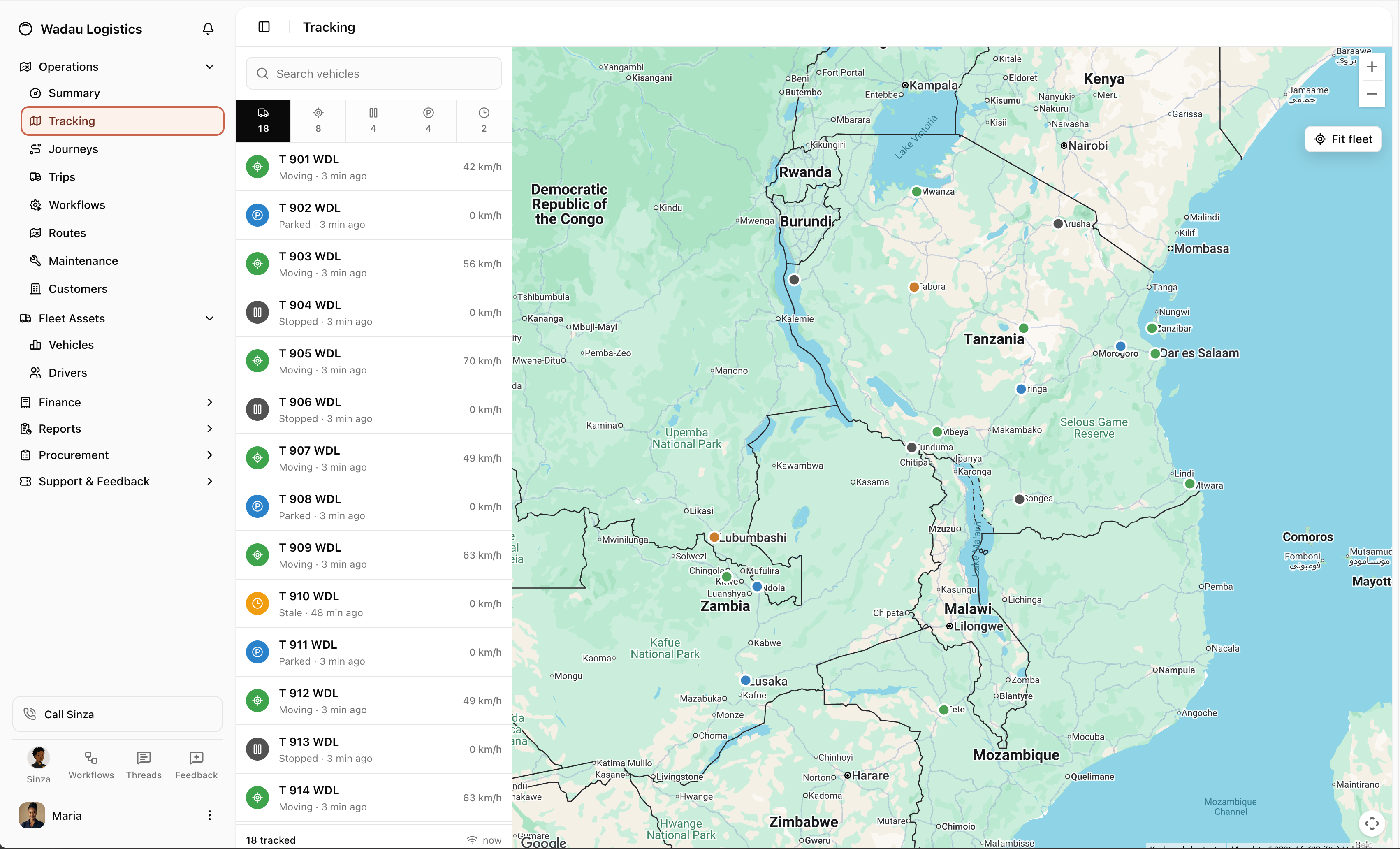 Vehicle locations and current movement status in Route6.